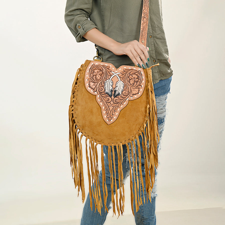 American Darling Suede Leather Fringe Hand Tooled Floral Carved Large Cross body Bag Genuine Western Leather YKK Zipper