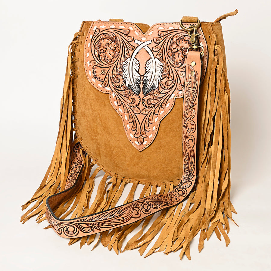 American Darling Suede Fringe Hand Tooled Leather Large Cross body Bag - Uhorse