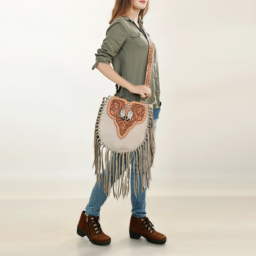 American Darling Suede Leather Fringe Hand Tooled Floral Carved Large Cross body Bag Genuine Western Leather YKK Zipper