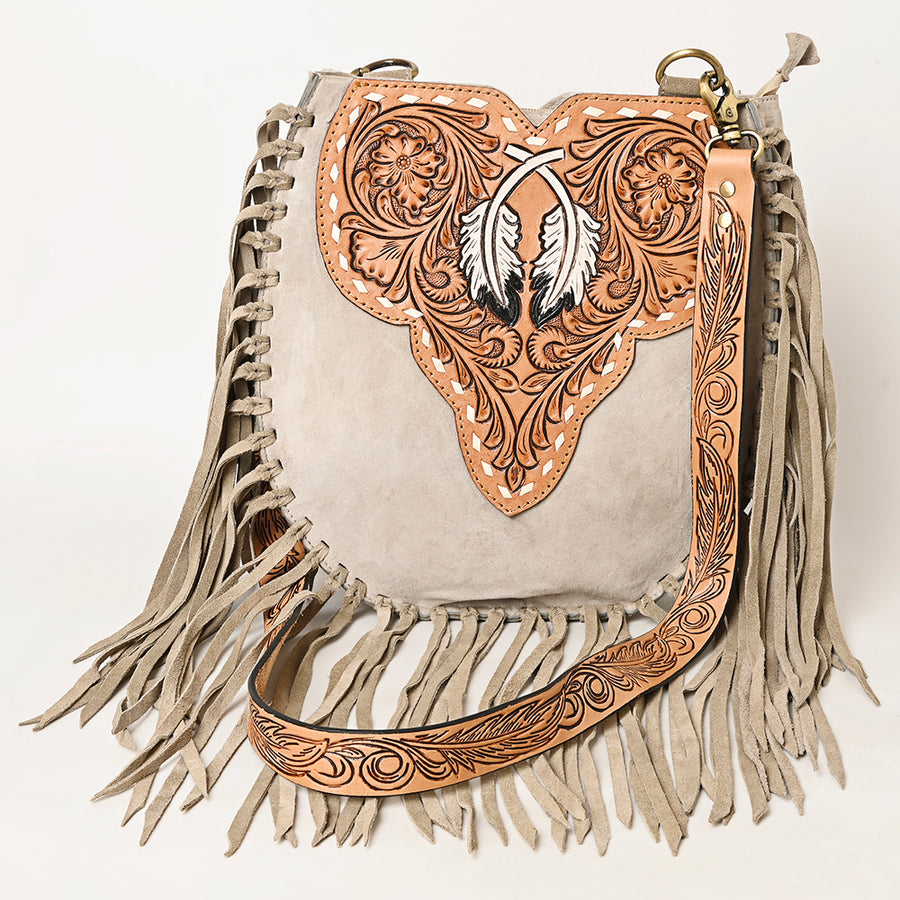 American Darling Suede Leather Fringe Hand Tooled Floral Carved Large Cross body Bag Genuine Western Leather YKK Zipper