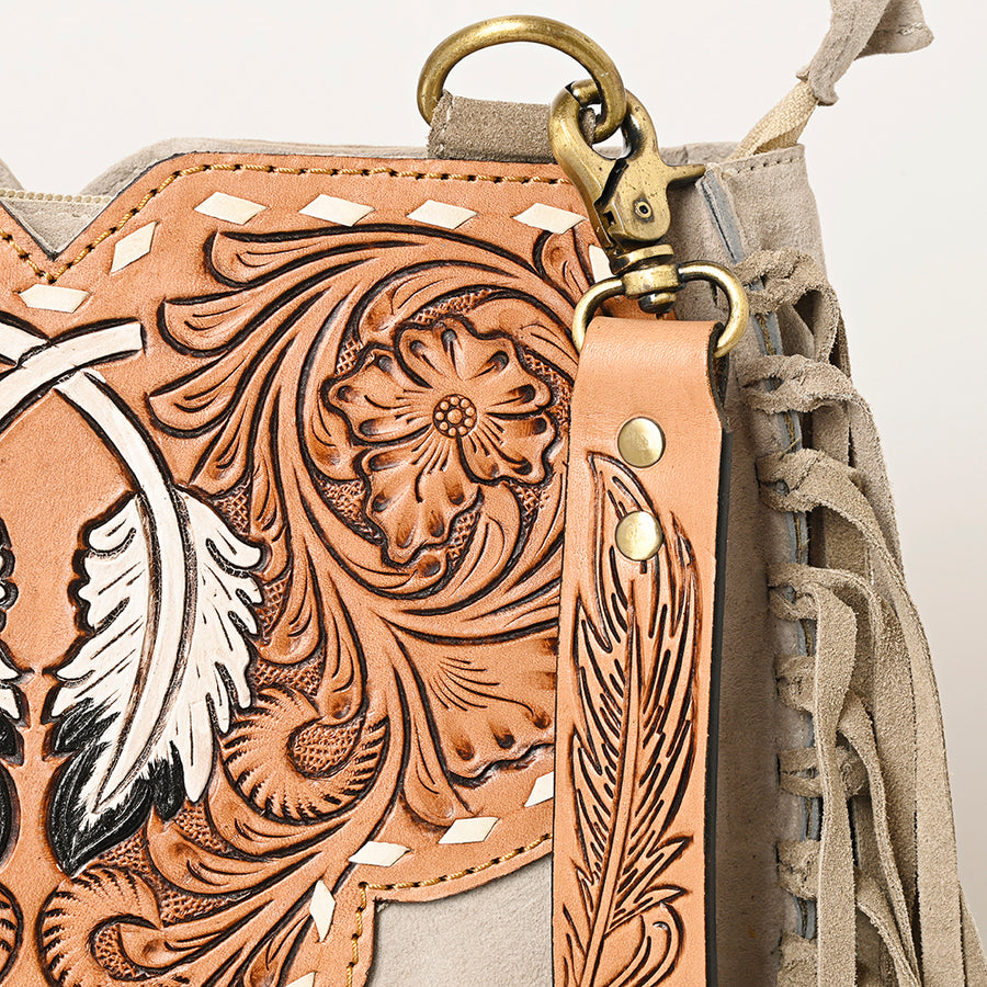 American Darling Suede Leather Fringe Hand Tooled Floral Carved Large Cross body Bag Genuine Western Leather YKK Zipper