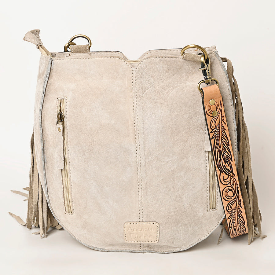 American Darling Suede Leather Fringe Hand Tooled Floral Carved Large Cross body Bag Genuine Western Leather YKK Zipper