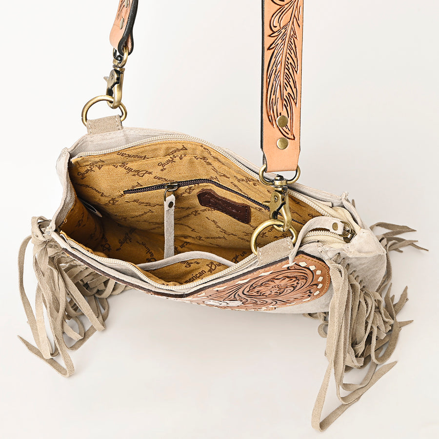 American Darling Suede Leather Fringe Hand Tooled Floral Carved Large Cross body Bag Genuine Western Leather YKK Zipper