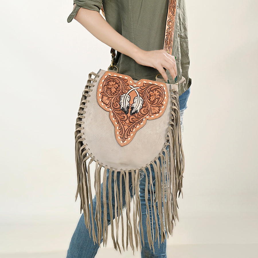 American Darling Suede Leather Fringe Hand Tooled Floral Carved Large Cross body Bag Genuine Western Leather YKK Zipper