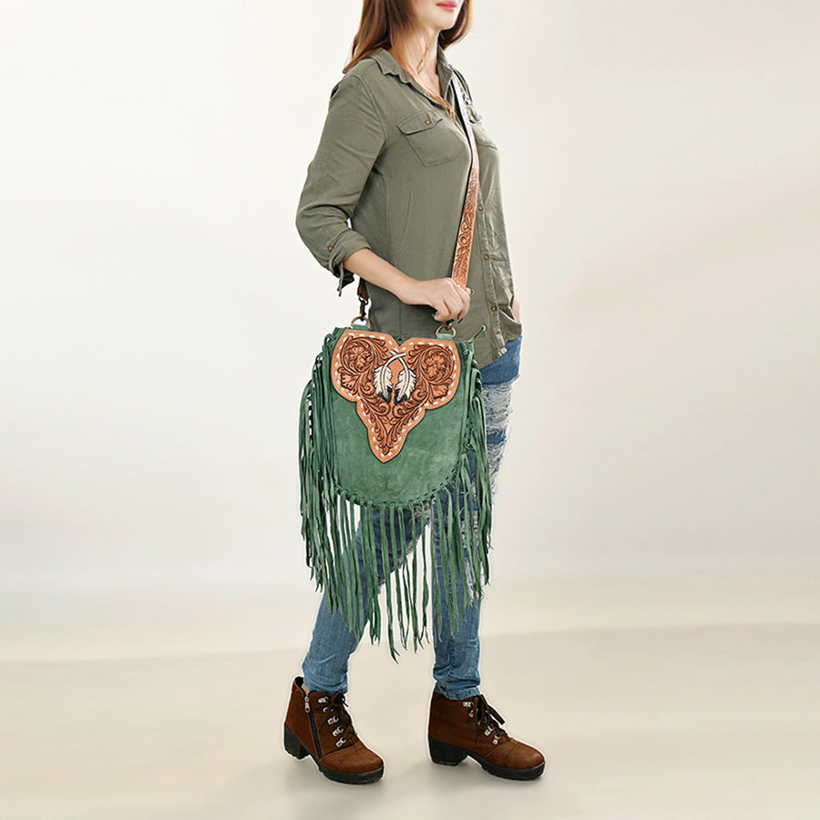 American Darling Suede Leather Fringe Hand Tooled Floral Carved Large Cross body Bag Genuine Western Leather YKK Zipper