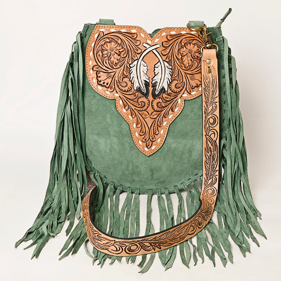 American Darling Suede Leather Fringe Hand Tooled Floral Carved Large Cross body Bag Genuine Western Leather YKK Zipper