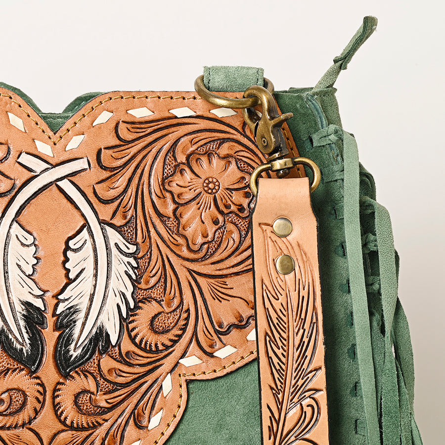 American Darling Suede Leather Fringe Hand Tooled Floral Carved Large Cross body Bag Genuine Western Leather YKK Zipper