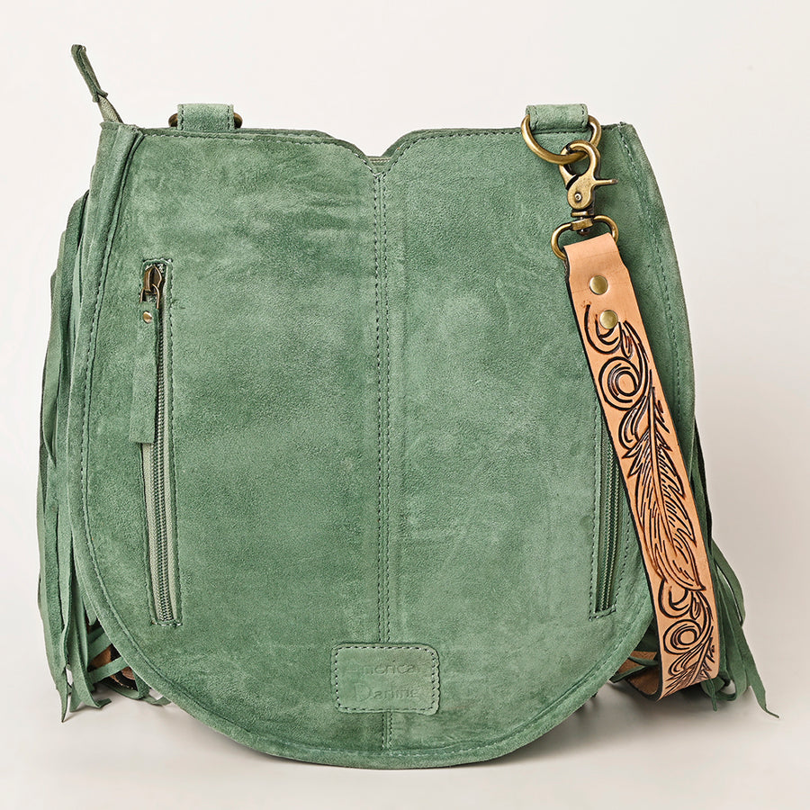 American Darling Suede Leather Fringe Hand Tooled Floral Carved Large Cross body Bag Genuine Western Leather YKK Zipper
