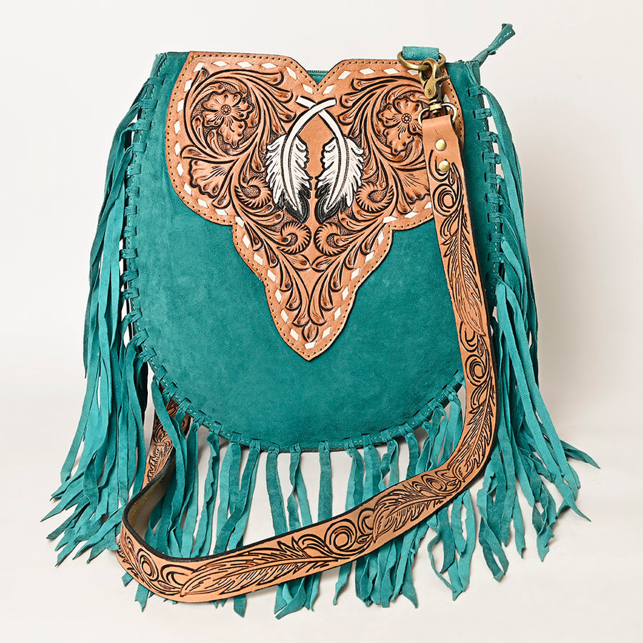 American Darling Suede Leather Fringe Hand Tooled Floral Carved Large Cross body Bag Genuine Western Leather YKK Zipper