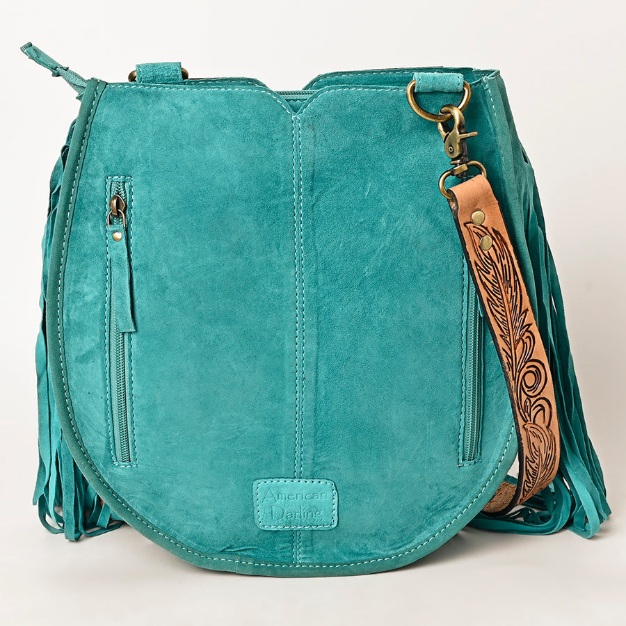 American Darling Suede Leather Fringe Hand Tooled Floral Carved Large Cross body Bag Genuine Western Leather YKK Zipper