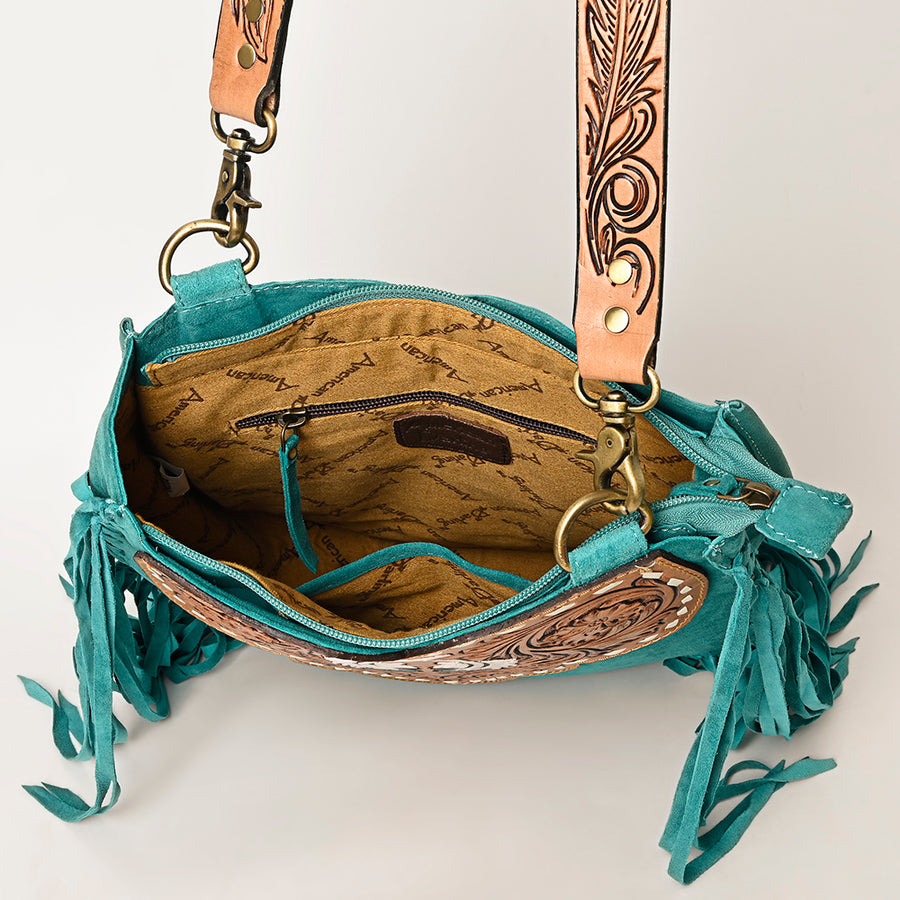 American Darling Suede Leather Fringe Hand Tooled Floral Carved Large Cross body Bag Genuine Western Leather YKK Zipper