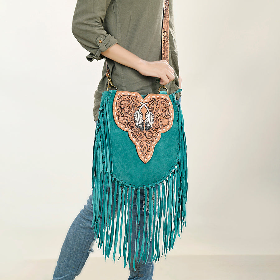 American Darling Suede Leather Fringe Hand Tooled Floral Carved Large Cross body Bag Genuine Western Leather YKK Zipper