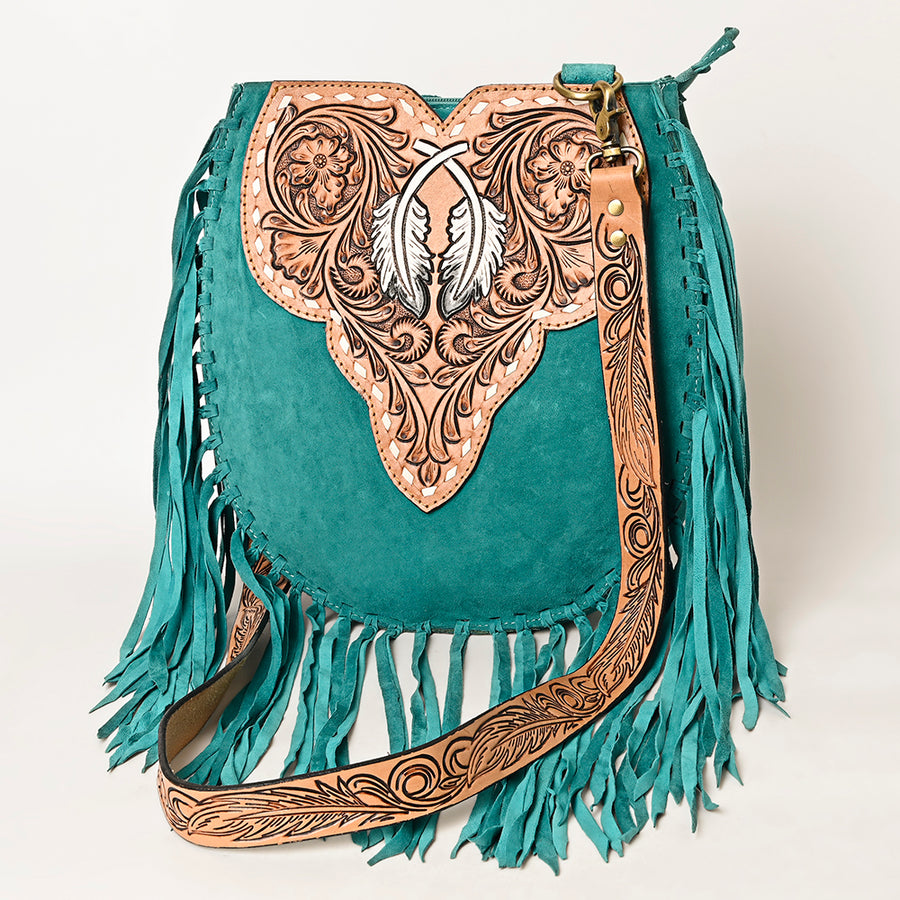 American Darling Suede Fringe Hand Tooled Leather Large Cross body Bag - Hilason