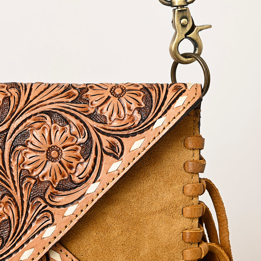 American Darling Genuine Suede Leather Hand Tooled Floral Carved Envelope Bag Fringe Western Genuine Leather Crossbody with YKK Zipper