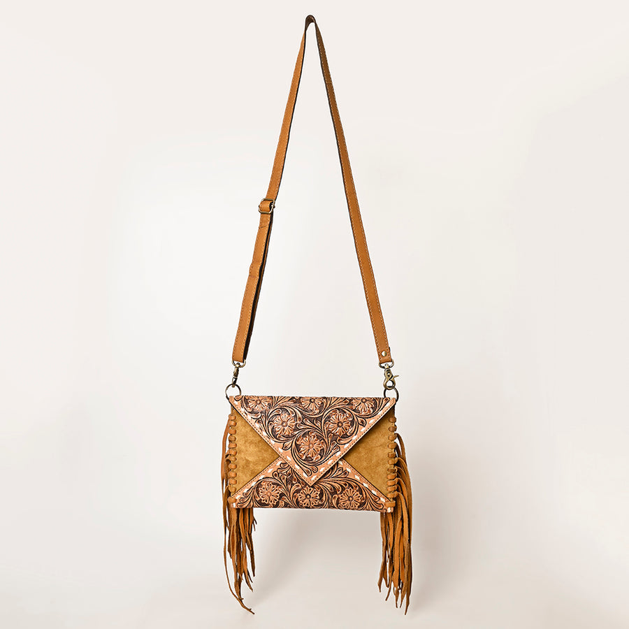 American Darling Genuine Suede Leather Hand Tooled Floral Carved Envelope Bag Fringe Western Genuine Leather Crossbody with YKK Zipper