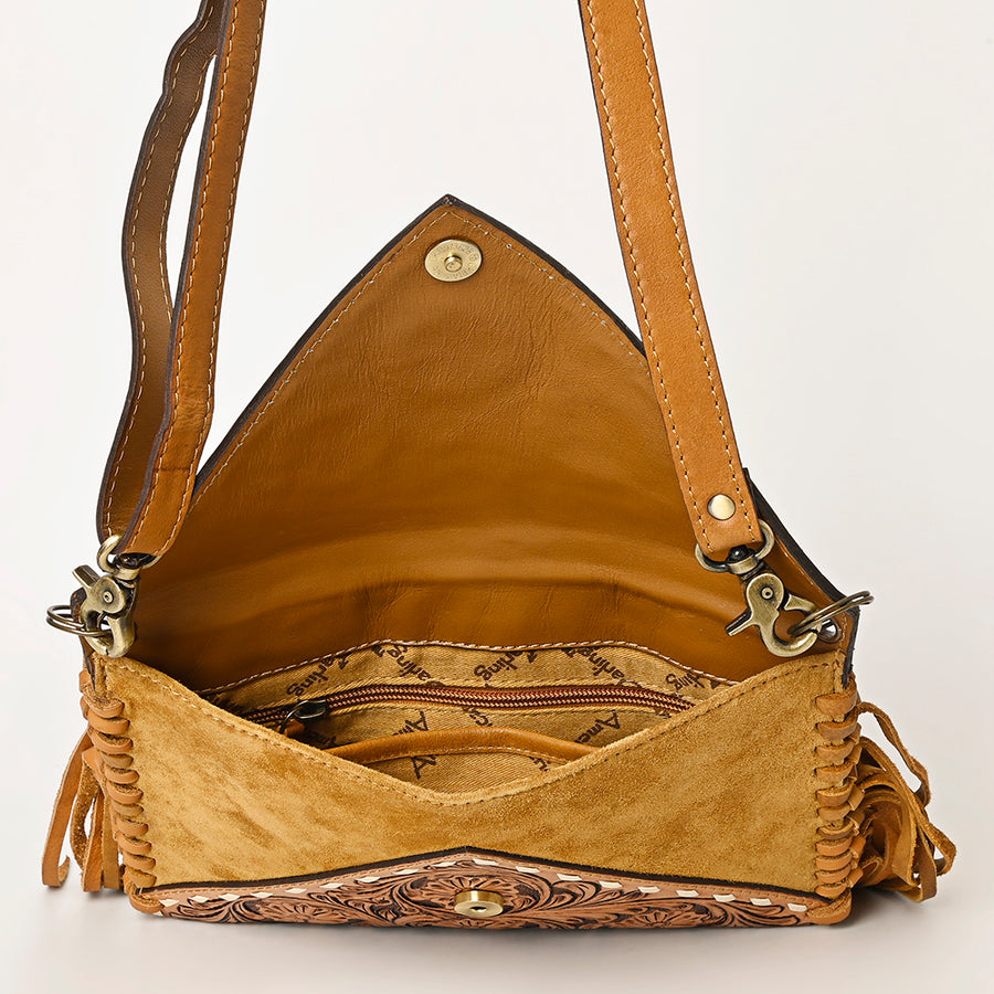 American Darling Genuine Suede Leather Hand Tooled Floral Carved Envelope Bag Fringe Western Genuine Leather Crossbody with YKK Zipper