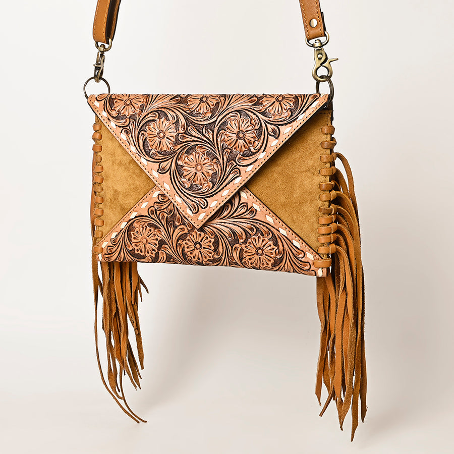 American Darling Genuine Suede Leather Hand Tooled Fringe Envelope Western Bag - Hilason