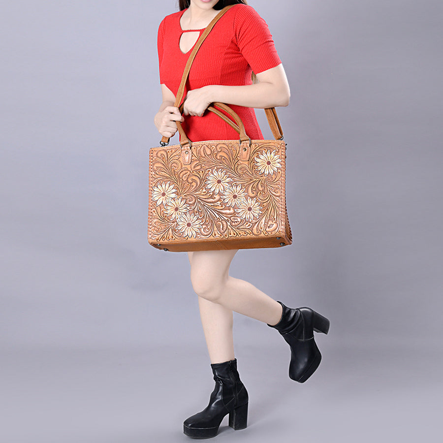 American Darling Tote Bag - Western Leather Hand Tooled Floral Carved Purse with Braided Detailing & Secure YKK Zipper