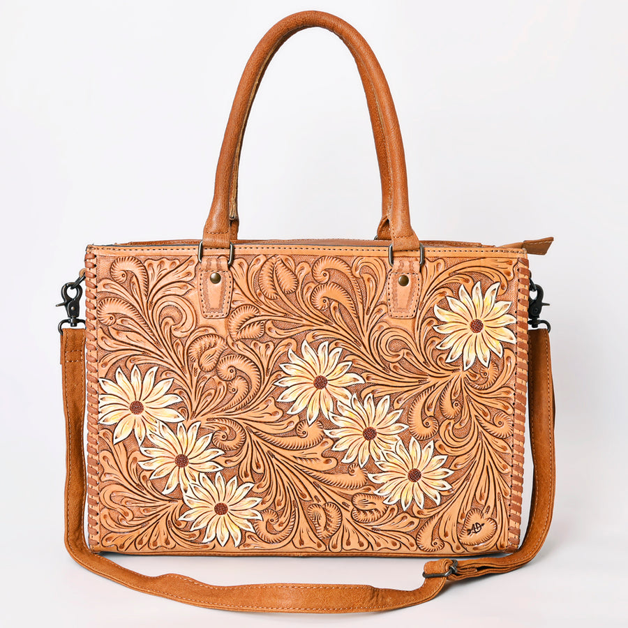 American Darling Tote Bag - Western Leather Hand Tooled Floral Carved Purse with Braided Detailing & Secure YKK Zipper