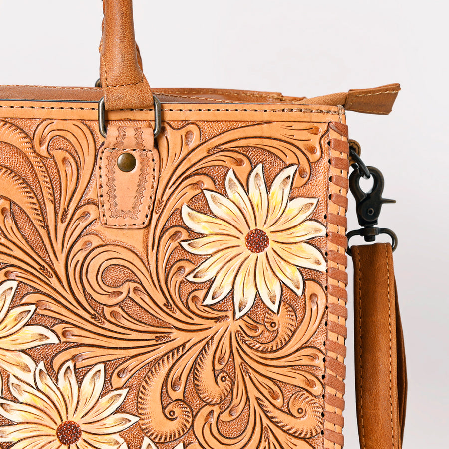American Darling Tote Bag - Western Leather Hand Tooled Floral Carved Purse with Braided Detailing & Secure YKK Zipper