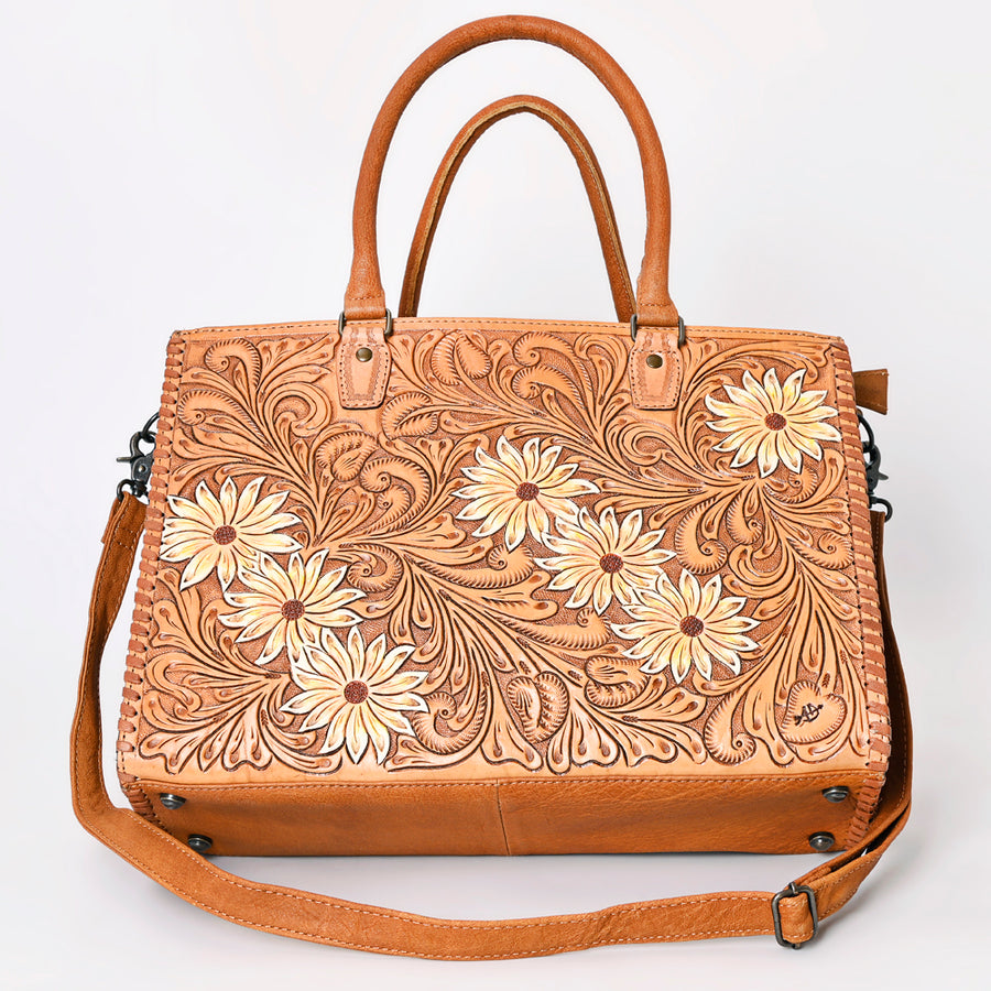 American Darling Tote Bag - Western Leather Hand Tooled Floral Carved Purse with Braided Detailing & Secure YKK Zipper