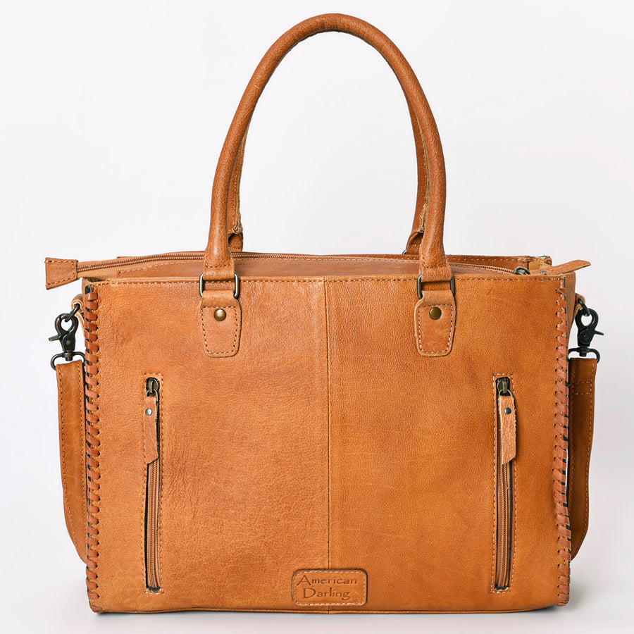 American Darling Tote Bag - Western Leather Hand Tooled Floral Carved Purse with Braided Detailing & Secure YKK Zipper
