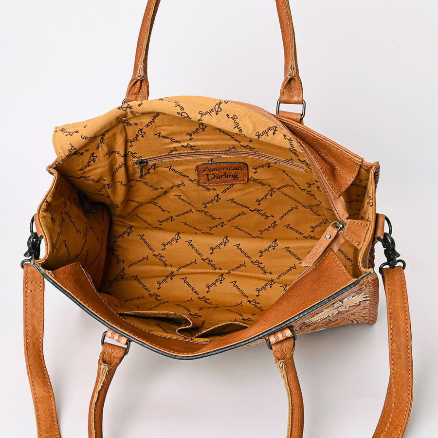 American Darling Tote Bag - Western Leather Hand Tooled Floral Carved Purse with Braided Detailing & Secure YKK Zipper