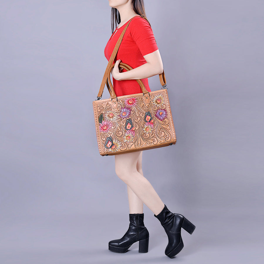 American Darling Tote Bag - Western Leather Hand Tooled Floral Carved Purse with Braided Detailing & Secure YKK Zipper