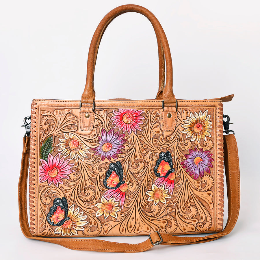American Darling Tote Bag - Western Leather Hand Tooled Floral Carved Purse with Braided Detailing & Secure YKK Zipper