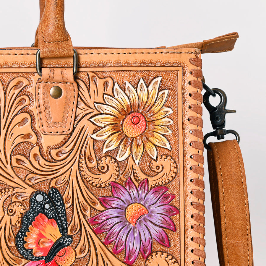American Darling Tote Bag - Western Leather Hand Tooled Floral Carved Purse with Braided Detailing & Secure YKK Zipper
