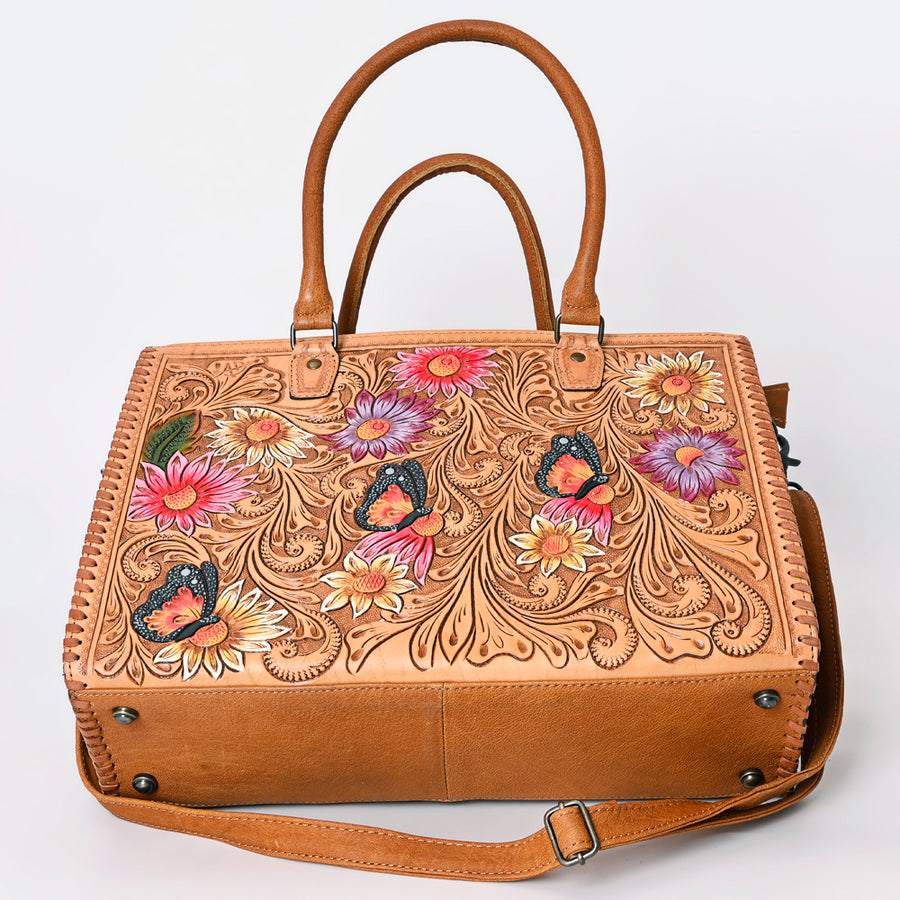 American Darling Tote Bag - Western Leather Hand Tooled Floral Carved Purse with Braided Detailing & Secure YKK Zipper