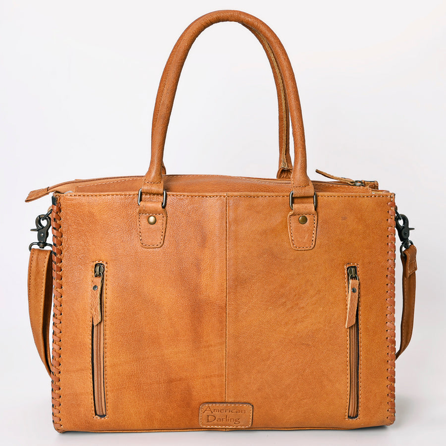 American Darling Tote Bag - Western Leather Hand Tooled Floral Carved Purse with Braided Detailing & Secure YKK Zipper