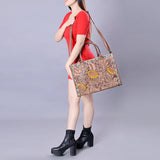 American Darling Tote Bag - Western Leather Hand Tooled Floral Carved Purse with Braided Detailing & Secure YKK Zipper