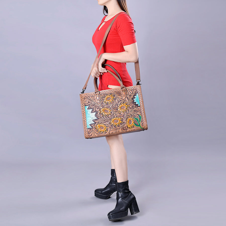 American Darling Tote Bag - Western Leather Hand Tooled Floral Carved Purse with Braided Detailing & Secure YKK Zipper