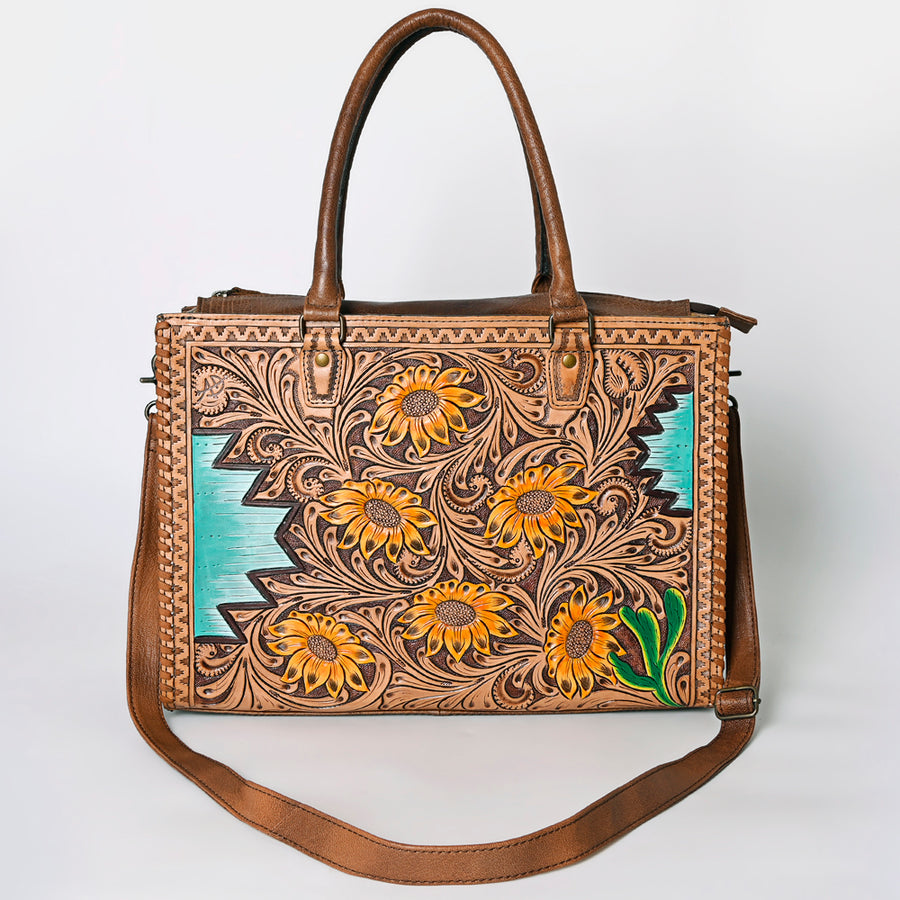 American Darling Tote Bag - Western Leather Hand Tooled Floral Carved Purse with Braided Detailing & Secure YKK Zipper