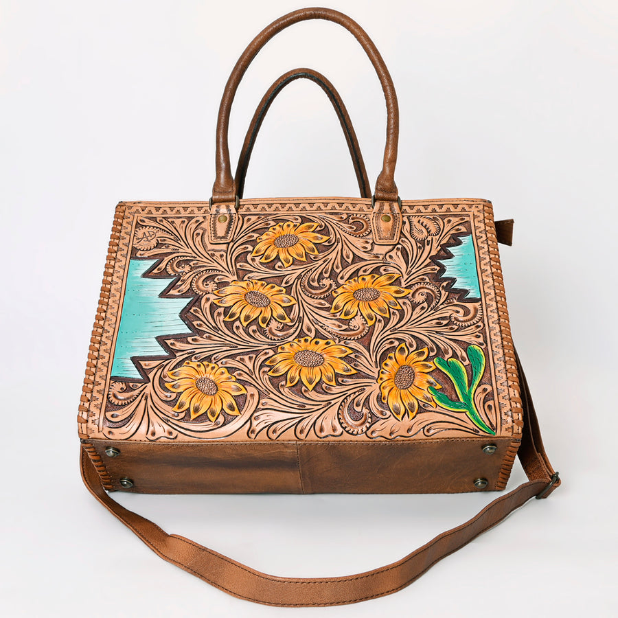 American Darling Tote Bag - Western Leather Hand Tooled Floral Carved Purse with Braided Detailing & Secure YKK Zipper