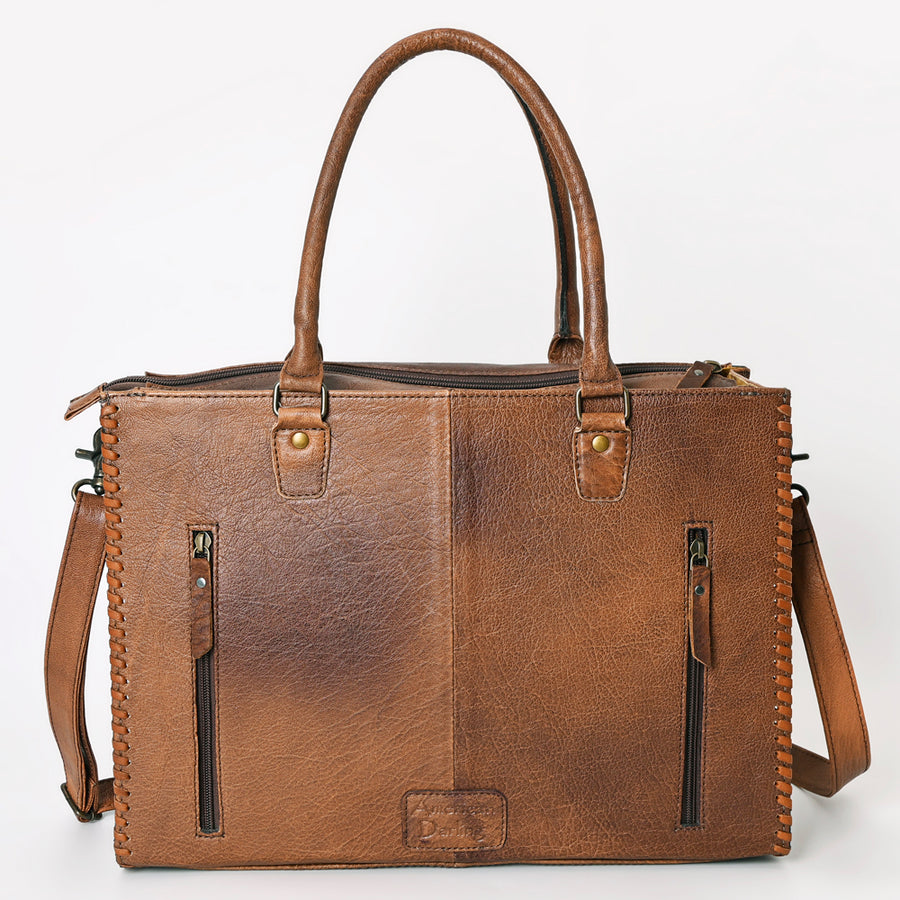 American Darling Tote Bag - Western Leather Hand Tooled Floral Carved Purse with Braided Detailing & Secure YKK Zipper