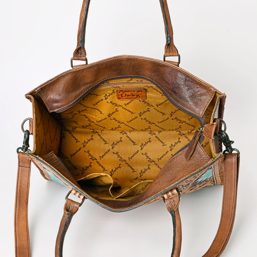 American Darling Tote Bag - Western Leather Hand Tooled Floral Carved Purse with Braided Detailing & Secure YKK Zipper
