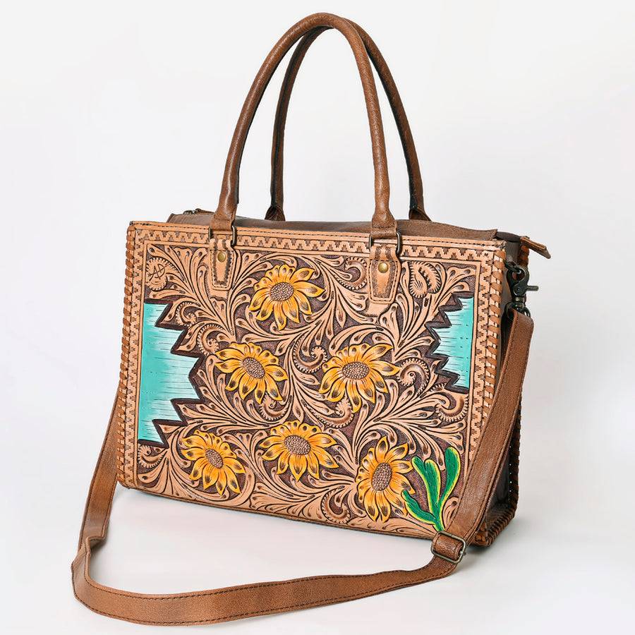 American Darling Western Leather Tote Bag - Hand Tooled Floral Carved Braided Purse - Uhorse