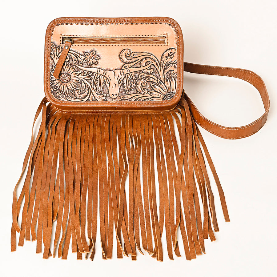American Darling Western Leather Fanny Pack for Women – Hand-Tooled Genuine Leather Belt Bag with Long Fringe and Adjustable Strap