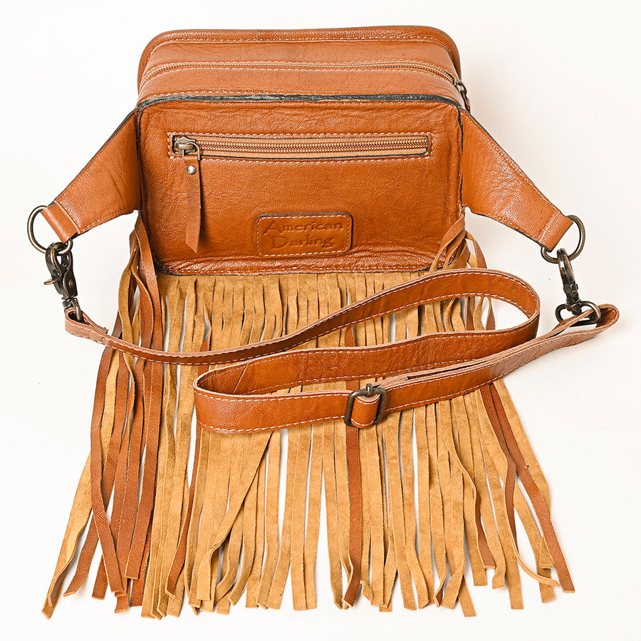 American Darling Western Leather Fanny Pack for Women – Hand-Tooled Genuine Leather Belt Bag with Long Fringe and Adjustable Strap