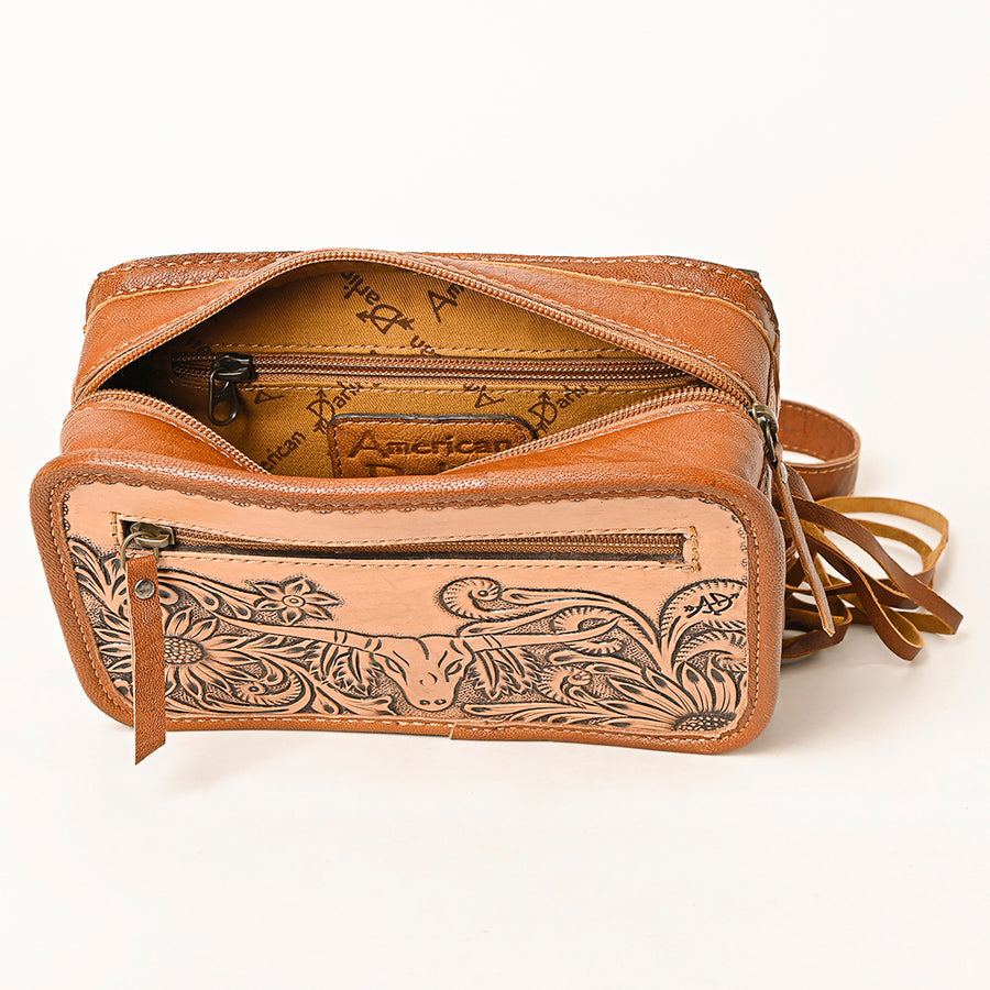 American Darling Western Leather Fanny Pack for Women – Hand-Tooled Genuine Leather Belt Bag with Long Fringe and Adjustable Strap