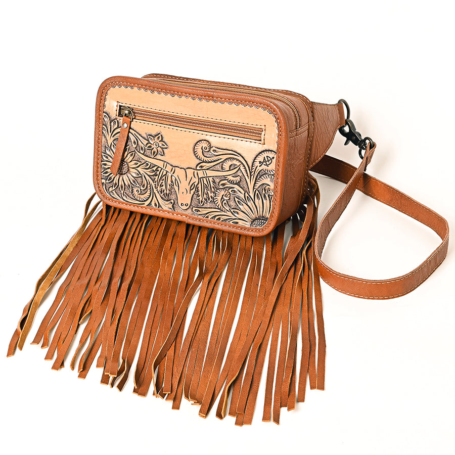 American Darling Western Genuine Leather Hand-Tooled Fringe Fanny Pack | Women's Western Belt Bag - Uhorse