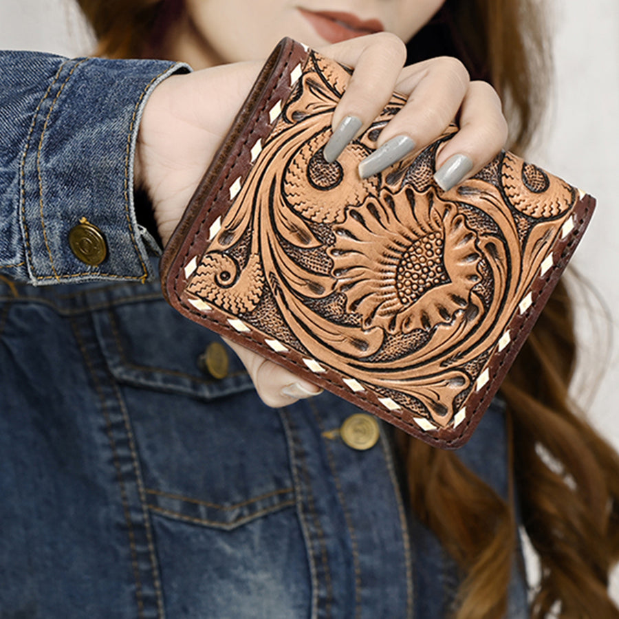 American Darling Hand-Tooled Floral Carved Western Leather Wallet Bag – Genuine Leather Women’s Slim Wallet for Everyday Use
