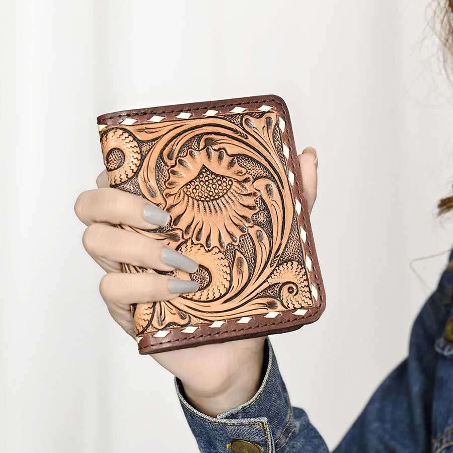 American Darling Hand-Tooled Floral Carved Western Leather Wallet Bag – Genuine Leather Women’s Slim Wallet for Everyday Use