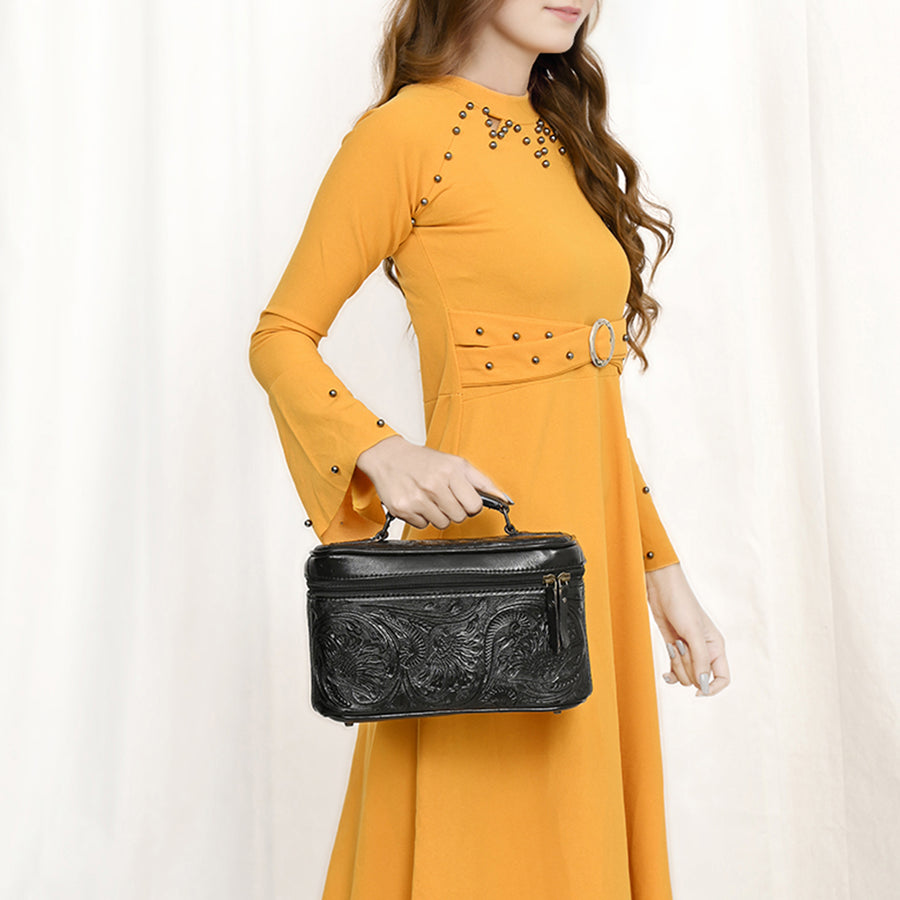 American Darling Western Hand Tooled Leather Jewelry Case | Handcrafted Travel Makeup Bag with Handle and Divided Interior