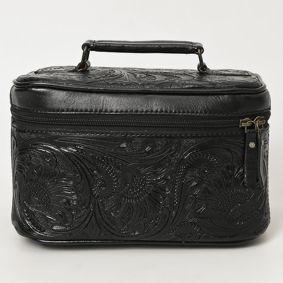 American Darling Western Hand Tooled Leather Jewelry Case | Handcrafted Travel Makeup Bag with Handle and Divided Interior