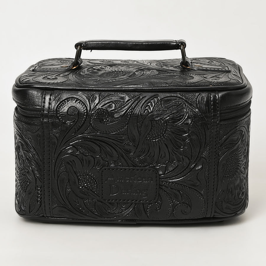 American Darling Western Hand Tooled Leather Jewelry Case | Handcrafted Travel Makeup Bag with Handle and Divided Interior