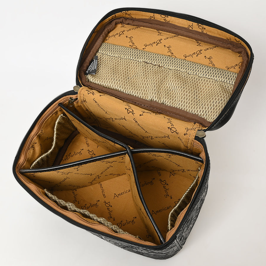 American Darling Western Hand Tooled Leather Jewelry Case | Handcrafted Travel Makeup Bag with Handle and Divided Interior