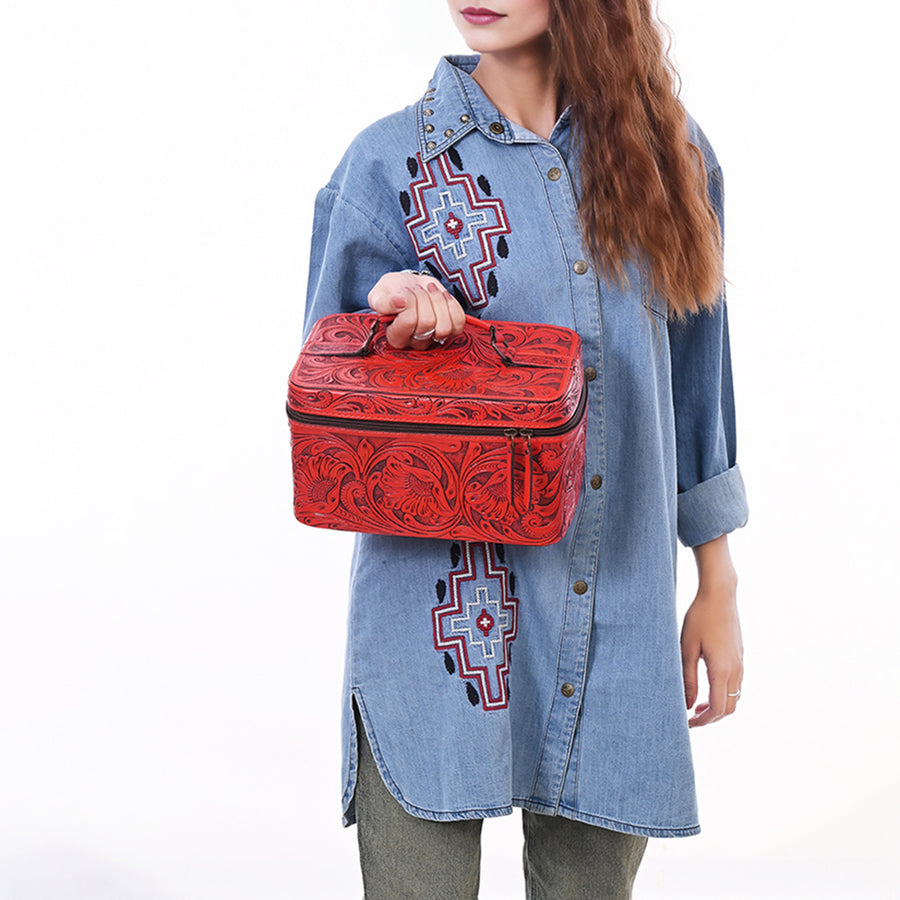 American Darling Western Hand Tooled Leather Jewelry Case | Handcrafted Travel Makeup Bag with Handle and Divided Interior